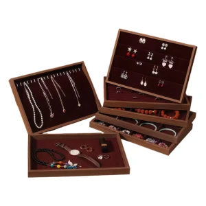 Brown-Jewelry-Display Solid Wood and Wine Red Velvet Jewelry Display Tray
