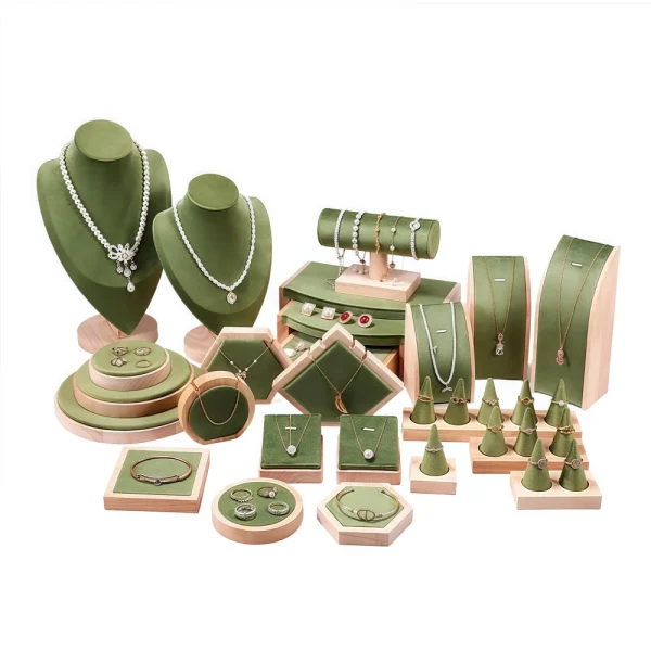 Luxury Green Wood ＆ Velvet Jewelry Display Set