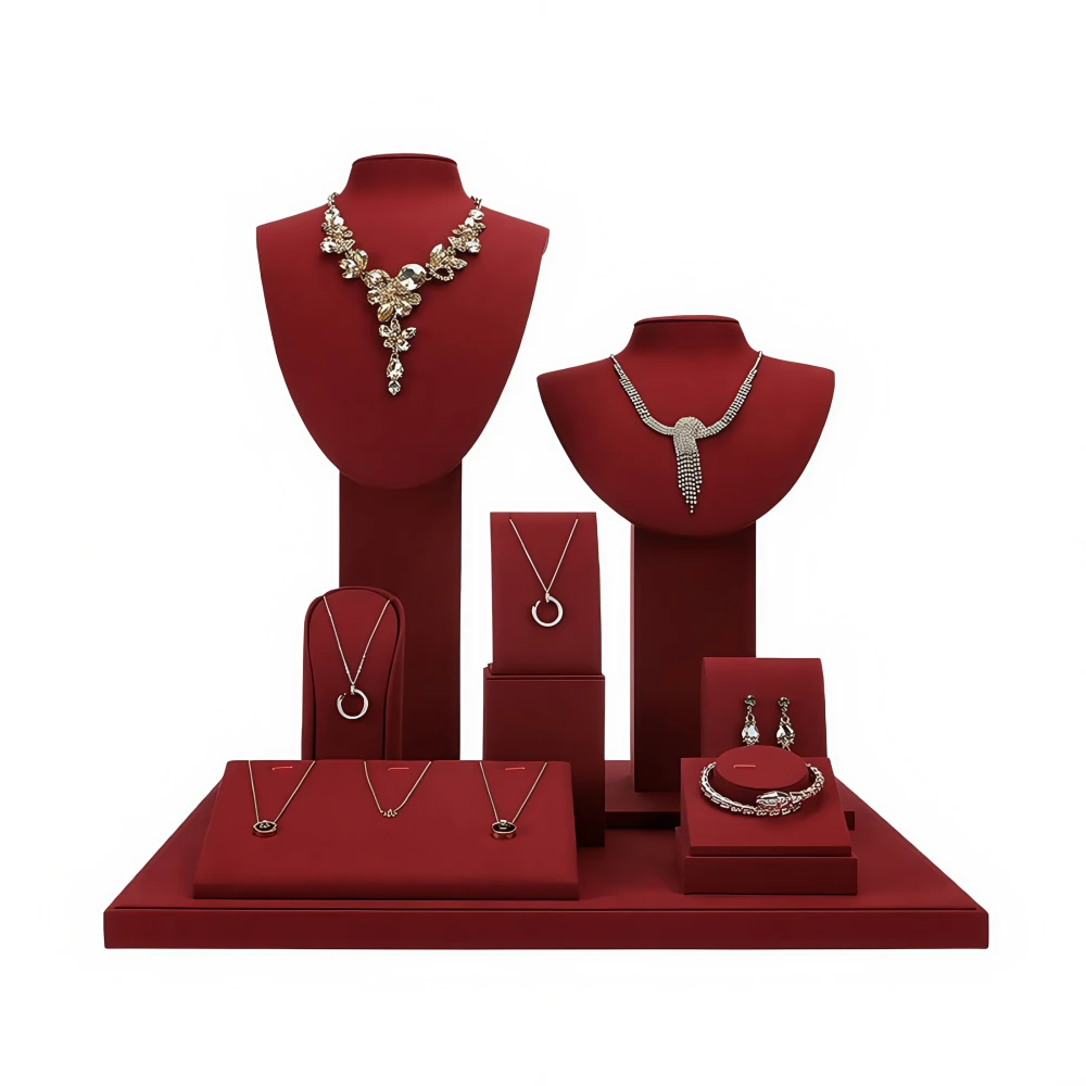 Luxury Custom Red Microfiber Jewelry Display Set - Image 1