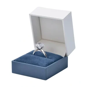 Custom Elegant White Paper Ring Box with Blue Lining - Image 1