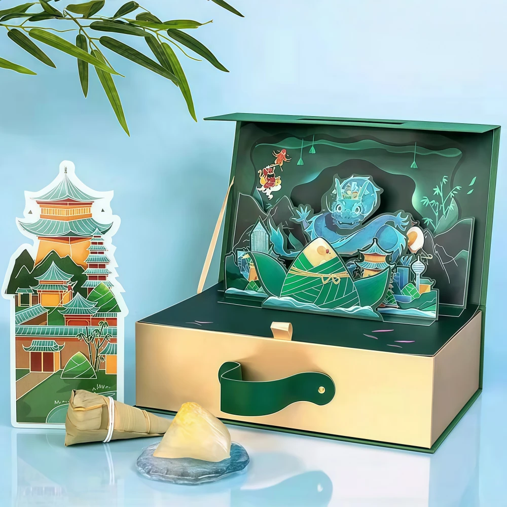 Green 3D Greeting Card Dragon Boat Festival Flip-top Gift Box - Image 2
