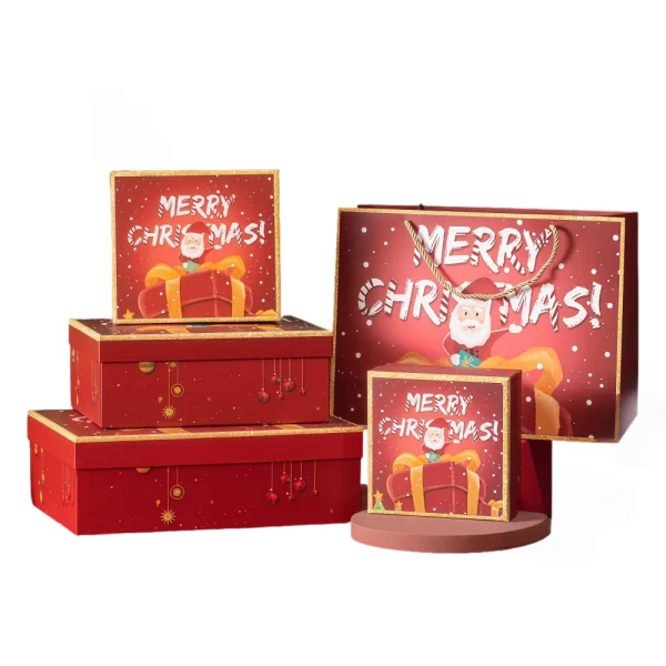 Custom Red Merry Christmas Lid Gift Box Set with Gift Bag