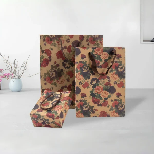 Handheld Kraft Paper Gift Bag with Rose Flower Print