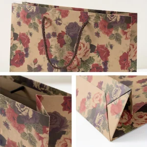 Handheld Kraft Paper Gift Bag with Rose Flower Print - Image 4