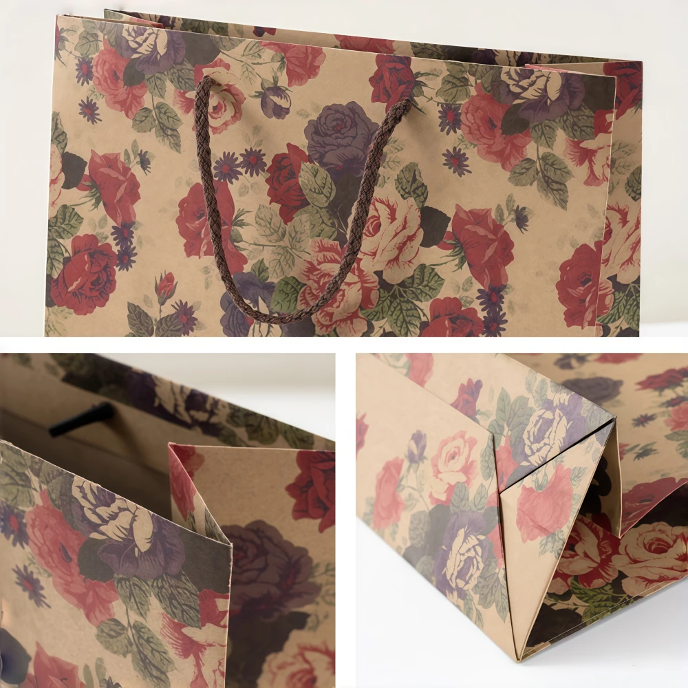 Handheld Kraft Paper Gift Bag with Rose Flower Print - Image 4
