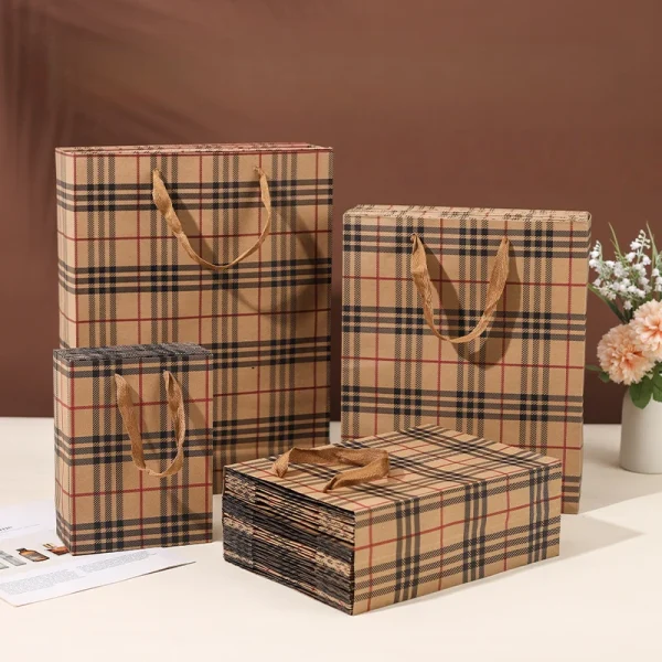 Wholesale Brown Checkered Kraft Paper Gift Bags