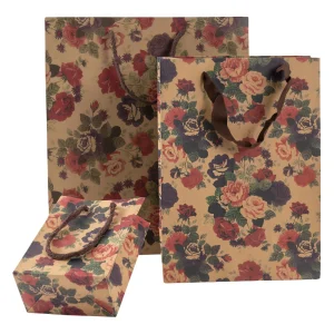 Handheld Kraft Paper Gift Bag with Rose Flower Print