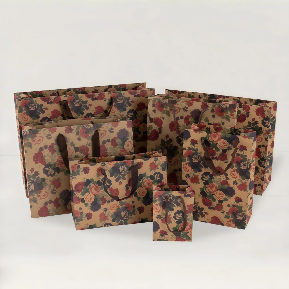 Handheld Kraft Paper Gift Bag with Rose Flower Print - Image 2